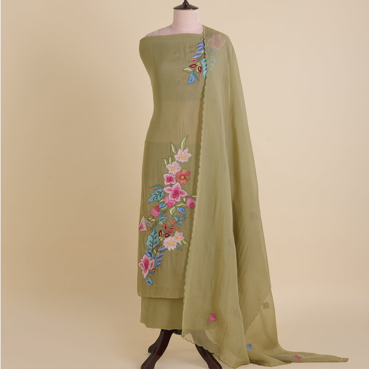 Dusty Green Organza Resham Embroidered Suit with Dupatta