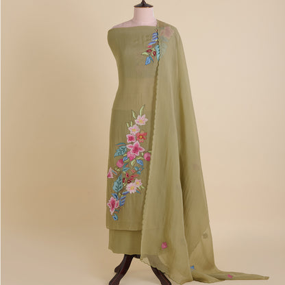 Dusty Green Organza Resham Embroidered Suit with Dupatta