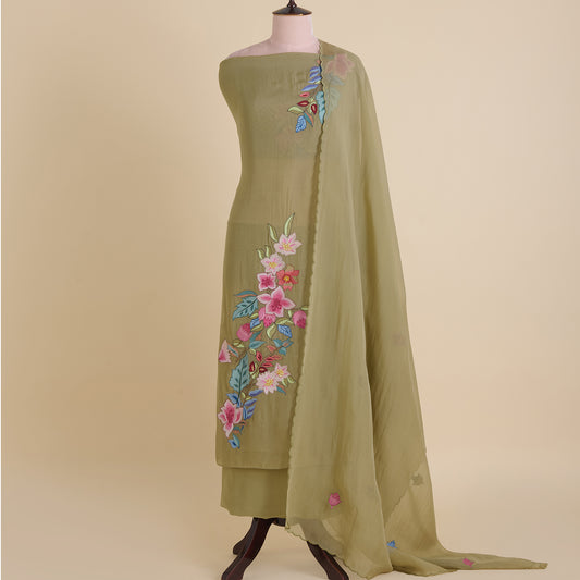 Dusty Green Organza Resham Embroidered Suit with Dupatta