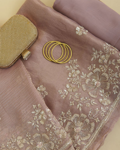 Silk Tissue Organza Suit with Zardozi & Sequin Embroidery Dusty Peach