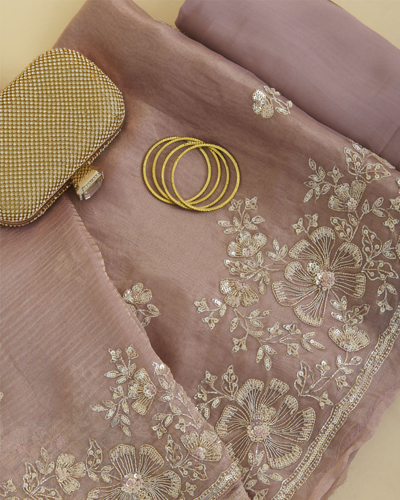 Dusty Peach Silk Tissue Organza Suit with Zardozi & Sequin Embroidery