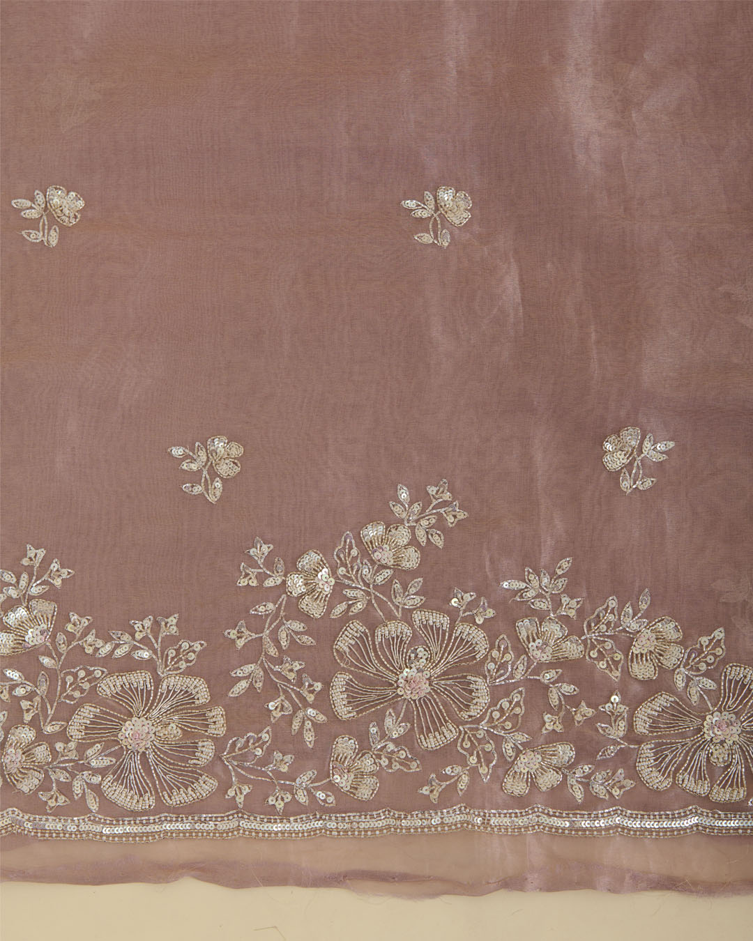 Dusty Peach Silk Tissue Organza Suit with Zardozi & Sequin Embroidery