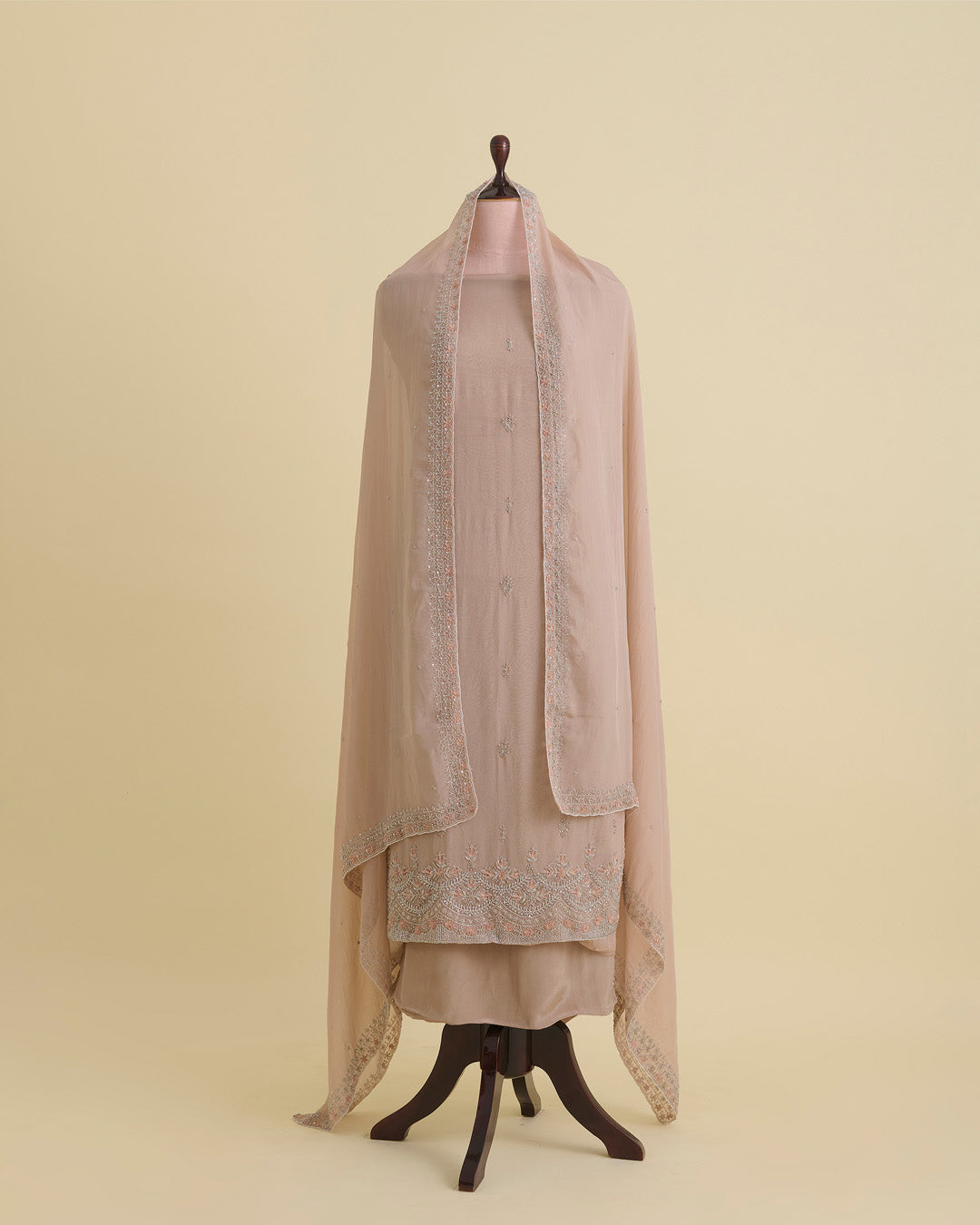 Dusty Brown Organza Kurta with Sequins, Cut-Dana & Beads Work and Matching Dupatta