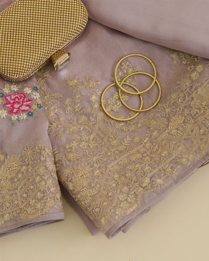 Dusty Mauve Silk Organza Kurta Set with Resham and Zari Embroidery