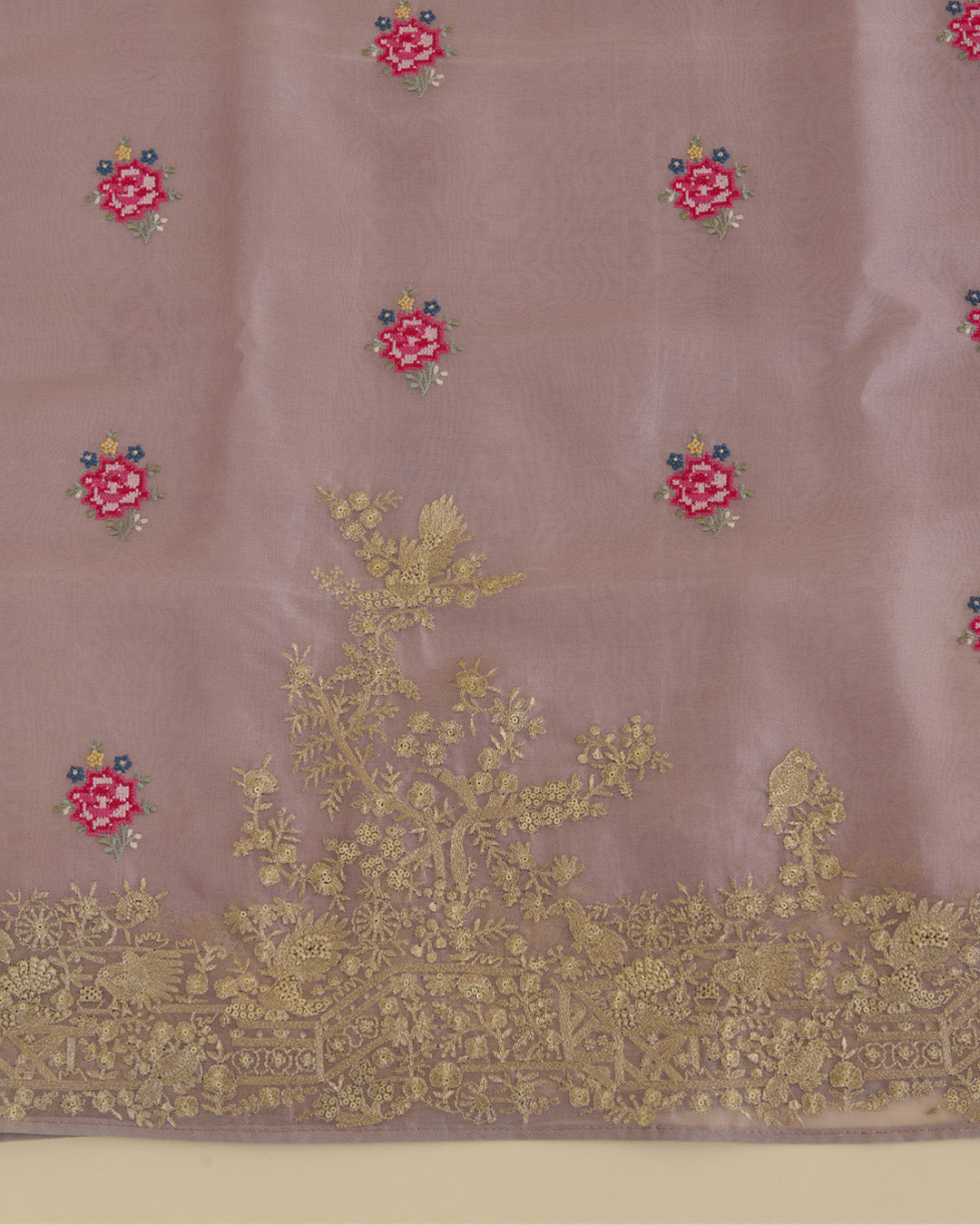 Dusty Mauve Silk Organza Kurta Set with Resham and Zari Embroidery