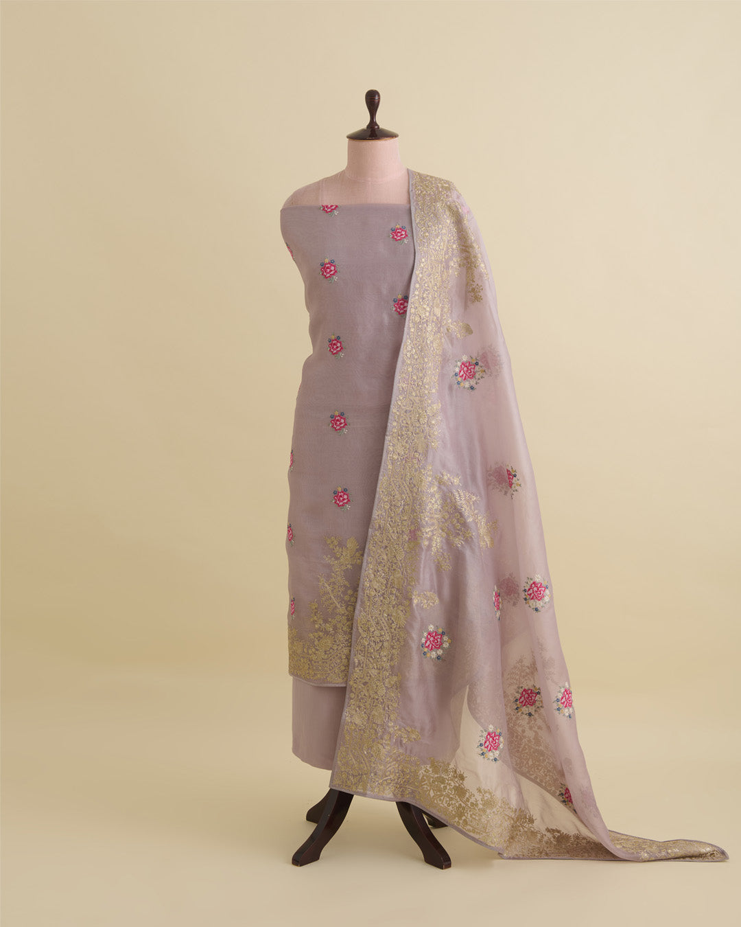 Dusty Mauve Silk Organza Kurta Set with Resham and Zari Embroidery