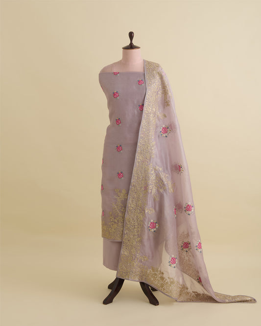 Dusty Mauve Silk Organza Kurta Set with Resham and Zari Embroidery