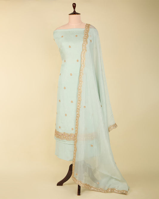 Ice Mint Silk Organza Suit with Pearl, Zardozi & Gota Work