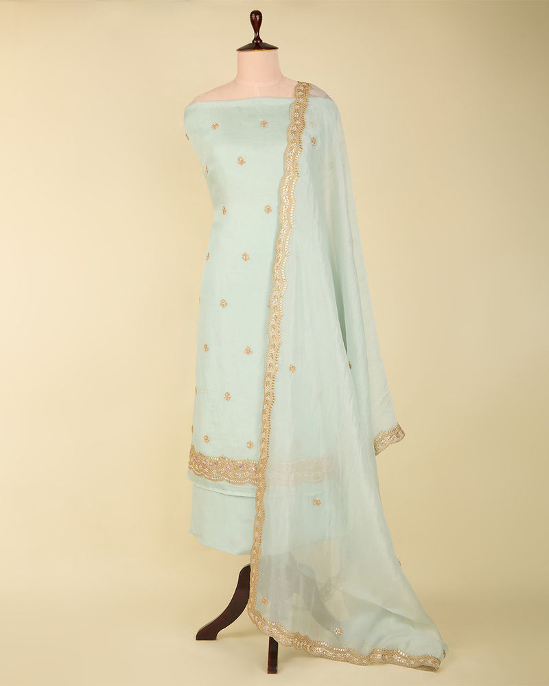 Ice Mint Silk Organza Suit with Pearl, Zardozi & Gota Work