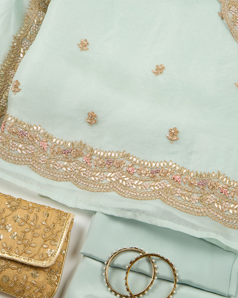 Ice Mint Silk Organza Suit with Pearl & Zardozi Embroidery