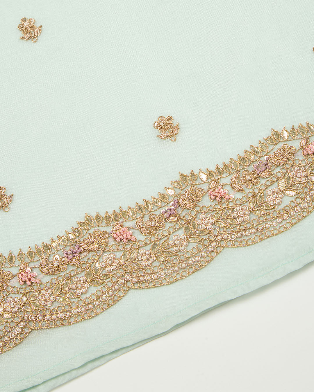 Ice Mint Silk Organza Suit with Pearl & Zardozi Embroidery