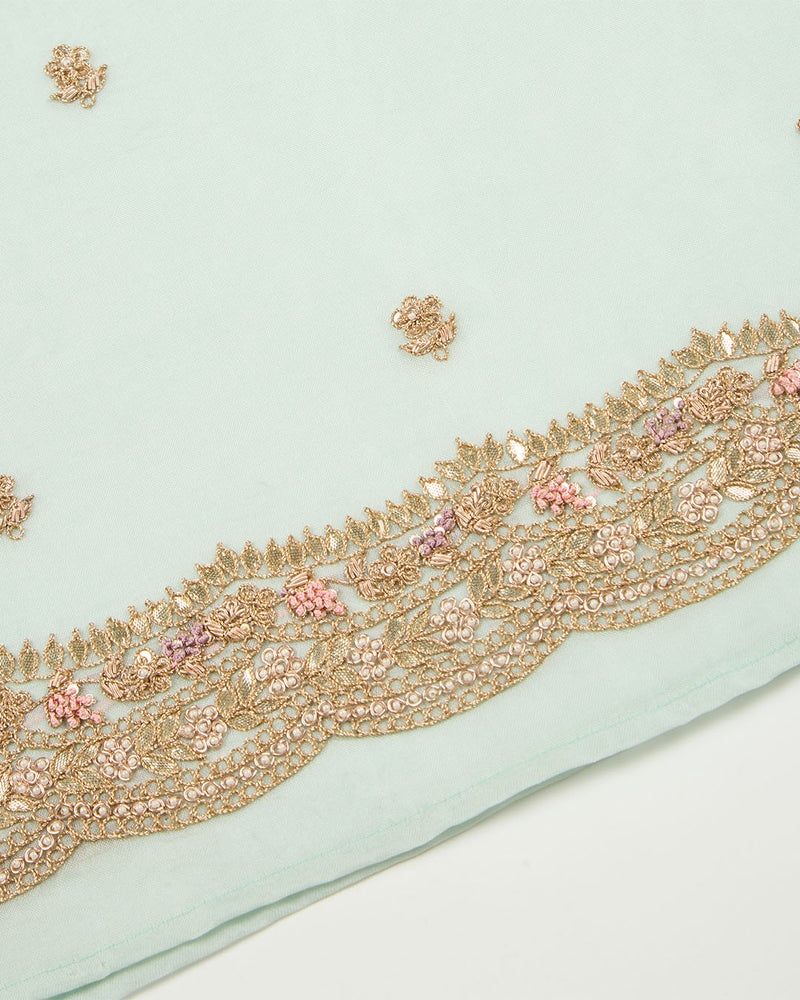 Ice Mint Silk Organza Suit with Pearl & Zardozi Embroidery
