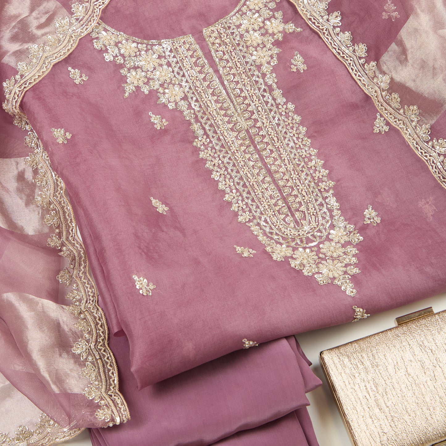 Lilac Matt Organza Suit with Cut Dana, Sequin & Pearl Embroidery and Shaded Organza Dupatta