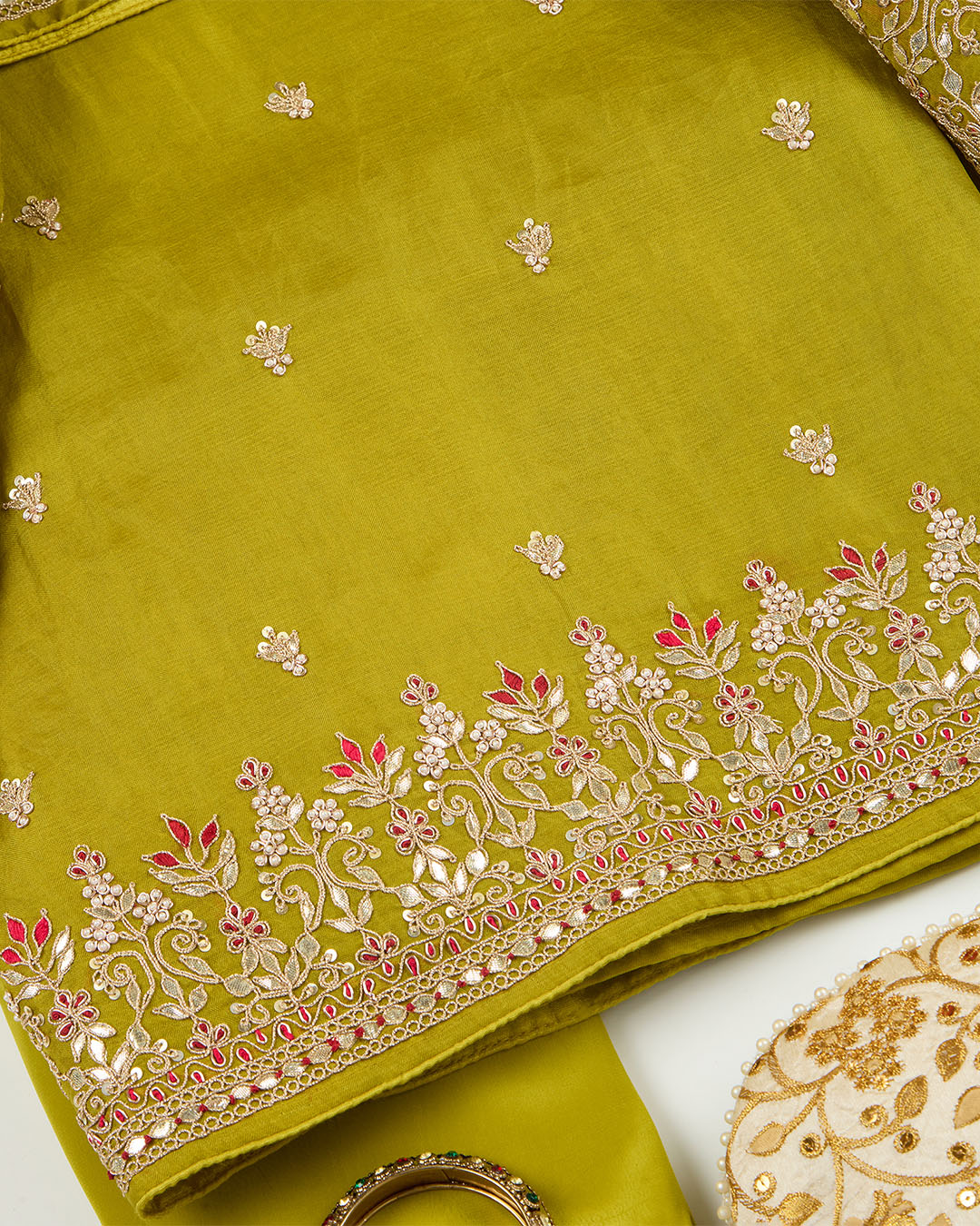 Mehendi Green Silk Organza Suit with Gota, Pearl & Resham Work