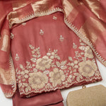 Marsala Silk Organza Embroidered Kurta Set with Dupatta