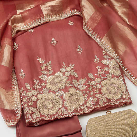 Marsala Silk Organza Embroidered Kurta Set with Dupatta