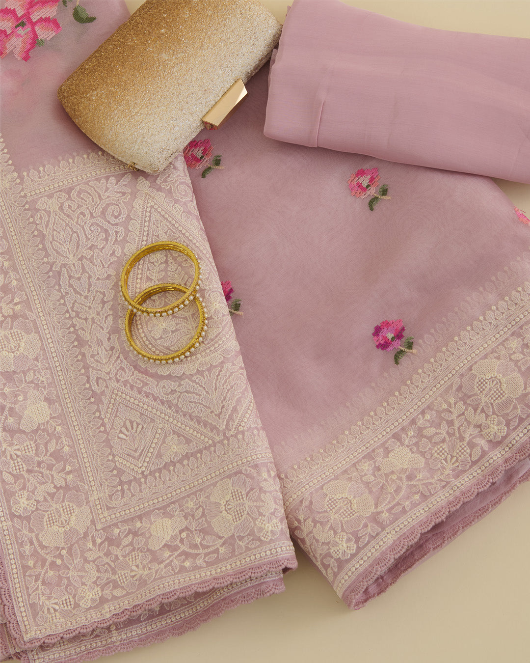 Onion Pink Silk Organza Kurta with Resham Embroidery and Dupatta