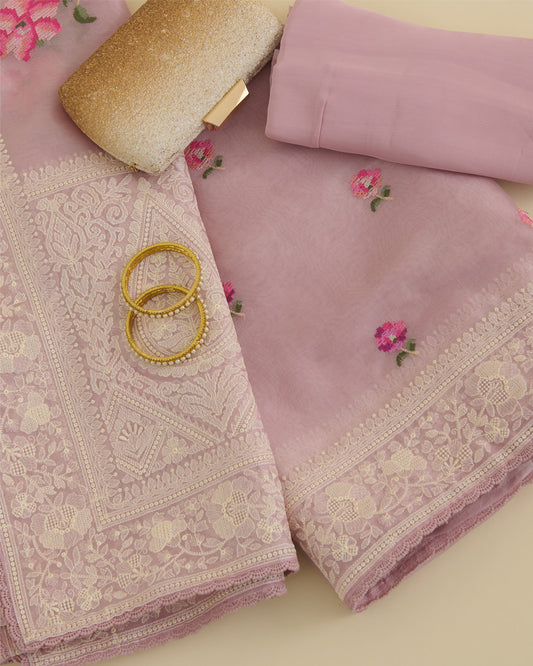 Onion Pink Silk Organza Kurta with Resham Embroidery and Dupatta
