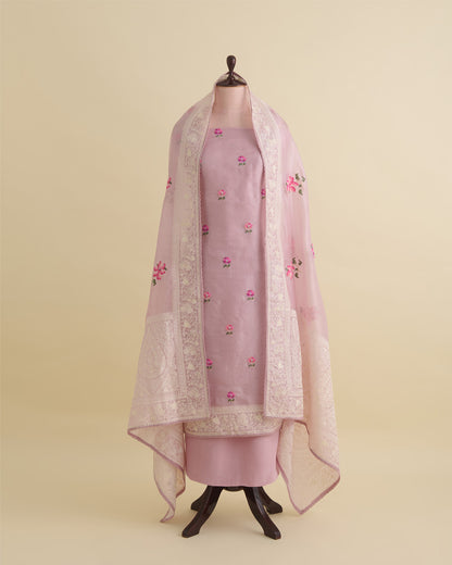 Onion Pink Silk Organza Kurta with Resham Embroidery and Dupatta