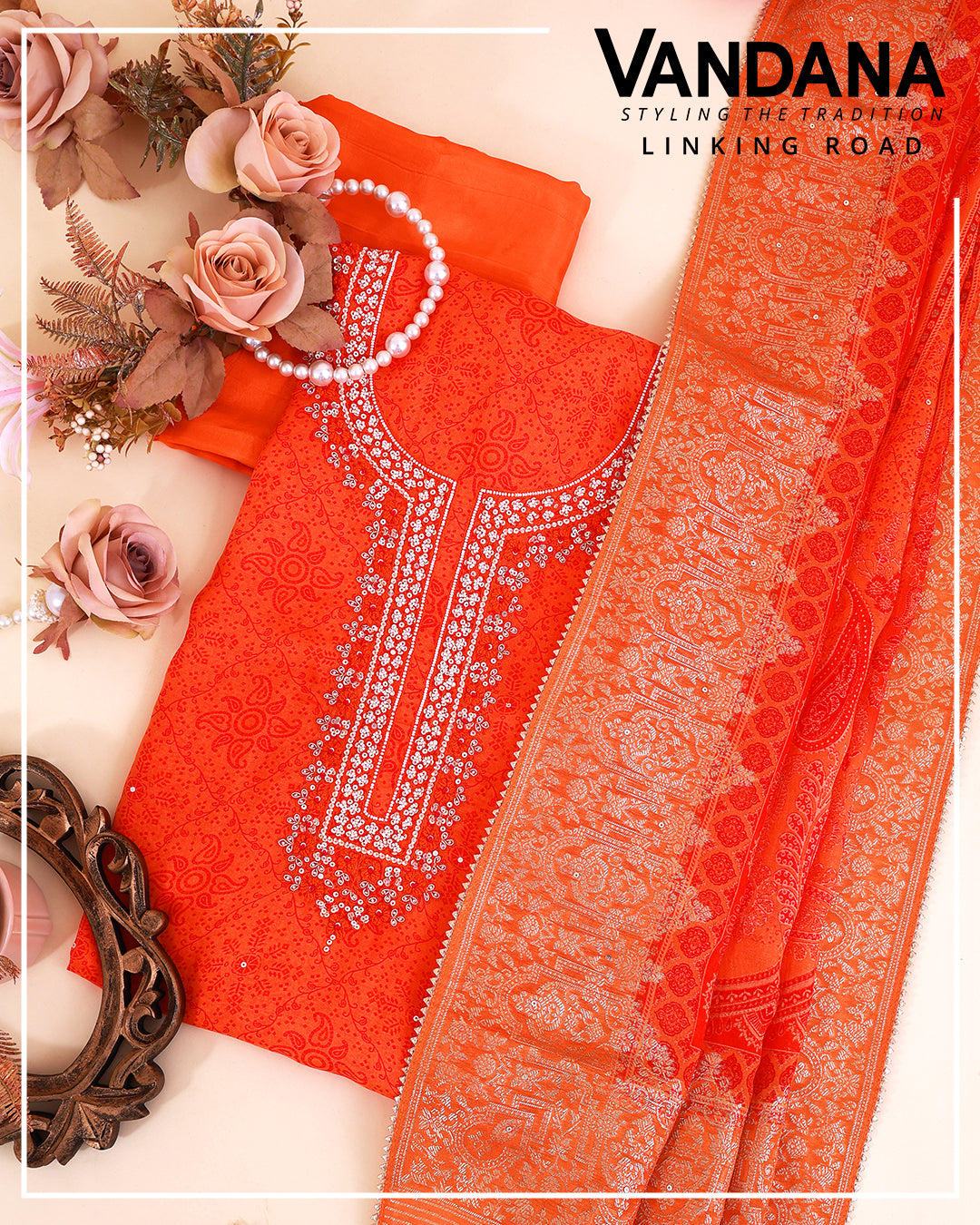 Orange Organza Printed Suit with Zardosi Embroidery & Lurex Dupatta