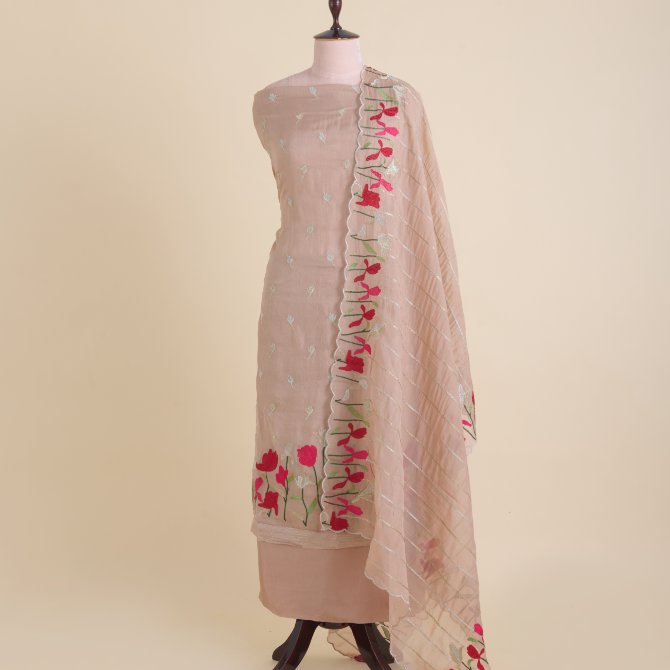 Peach Organza Resham & Zari Embroidered Kurta Set