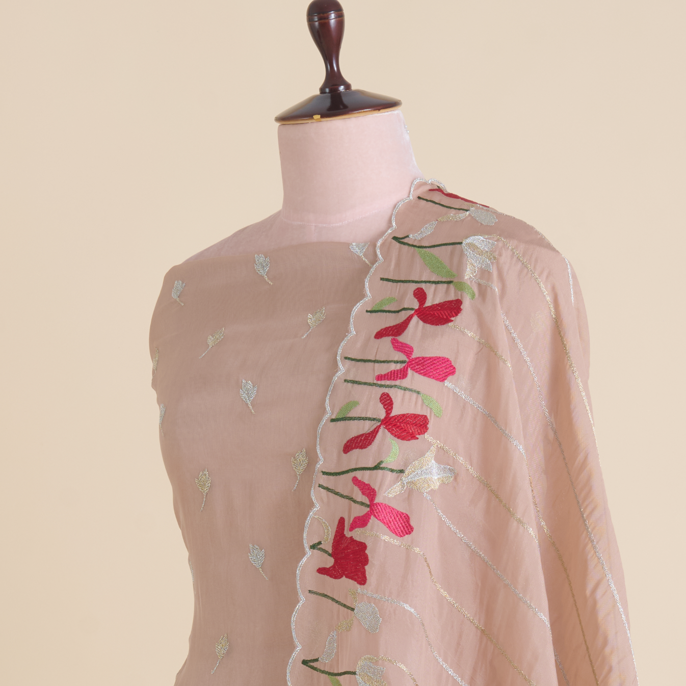 Peach Organza Resham & Zari Embroidered Kurta Set