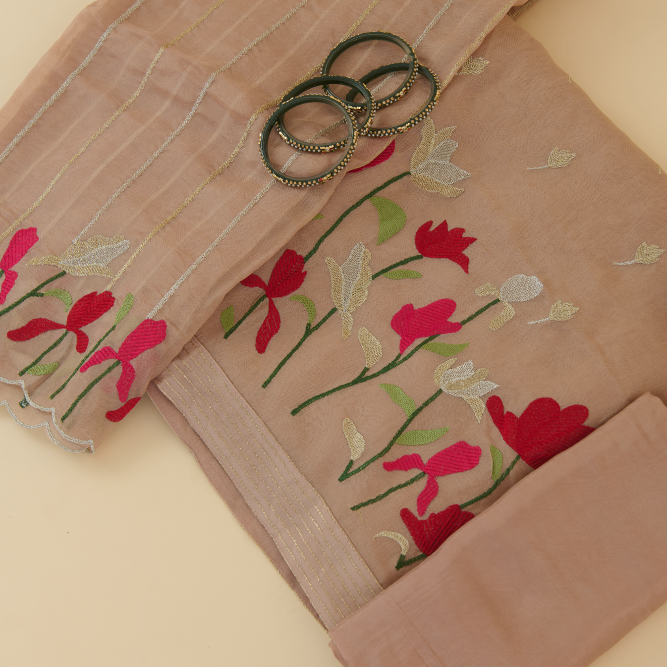 Peach Organza Resham & Zari Embroidered Kurta Set