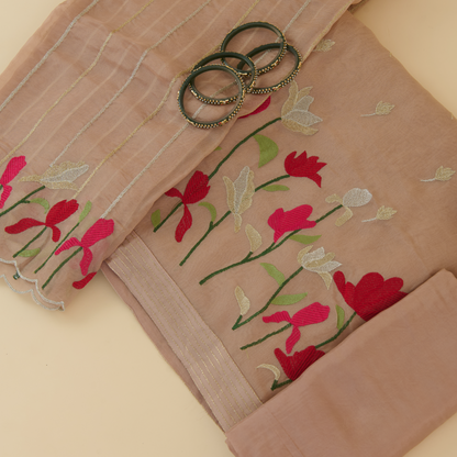 Peach Organza Resham & Zari Embroidered Kurta Set