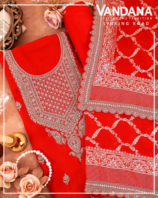 Red Organza Suit with Embroidery & Woven Border Dupatta