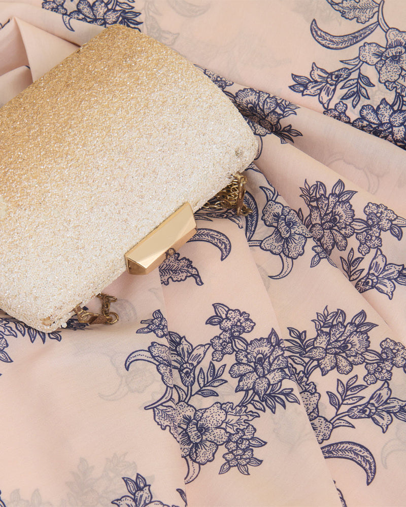 Pure Silk Digital Floral Buti Printed Fabric – Light Peach & Blue