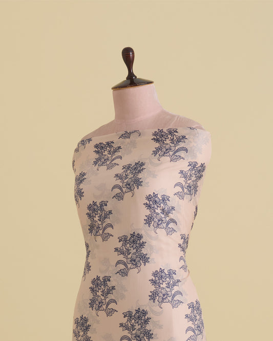 Pure Silk Digital Floral Buti Printed Fabric – Light Peach & Blue