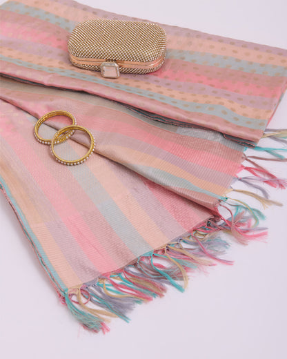Multicolor Pure Silk Hand Woven Multi Stripe Buta Dupatta