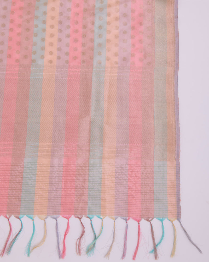 Multicolor Pure Silk Hand Woven Multi Stripe Buta Dupatta