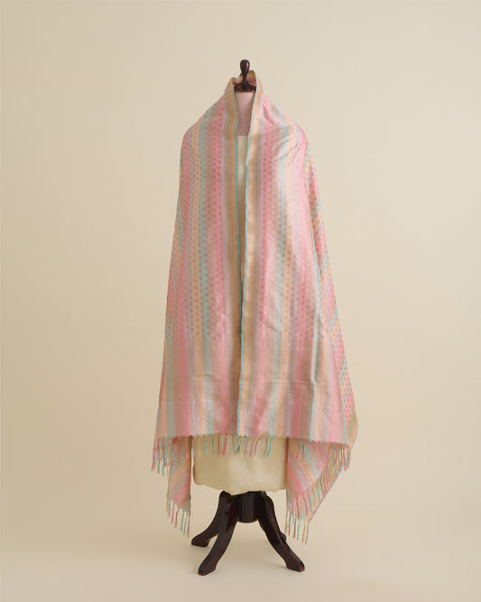 Multicolor Pure Silk Hand Woven Multi Stripe Buta Dupatta