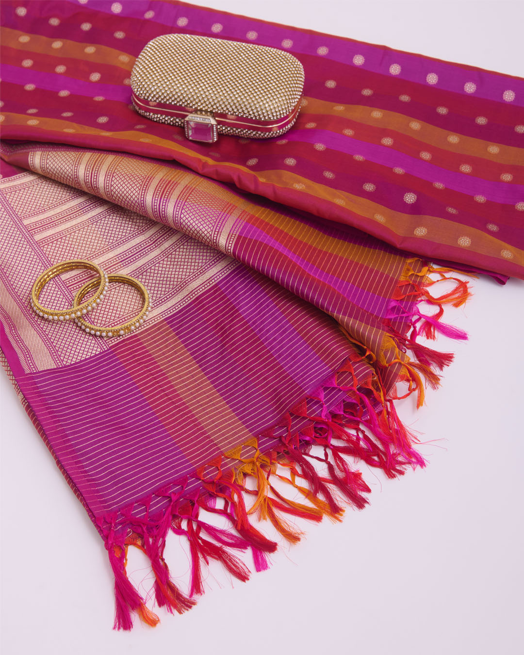 Magenta Pure Silk Hand Woven Multi Stripe Buta Dupatta