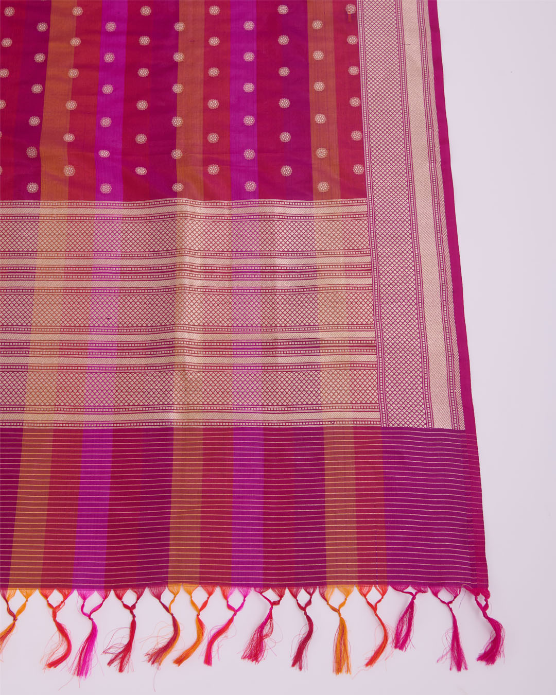Magenta Pure Silk Hand Woven Multi Stripe Buta Dupatta