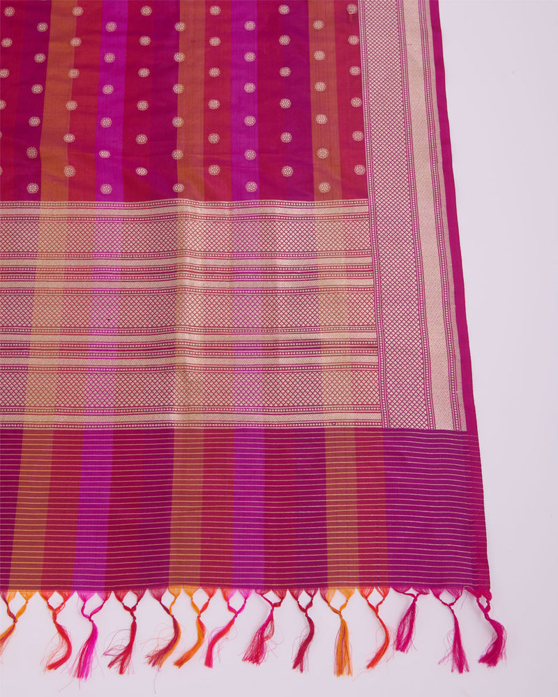 Magenta Pure Silk Hand Woven Multi Stripe Buta Dupatta
