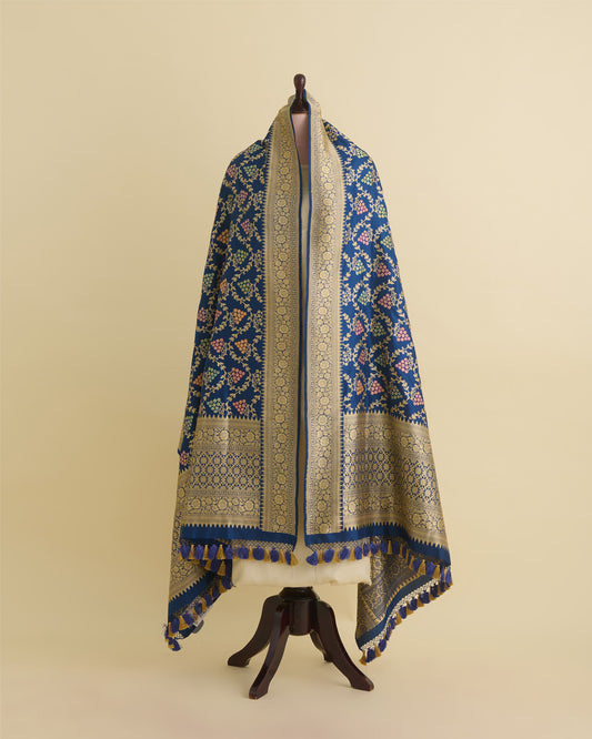 Navy Blue Pure Silk Handwoven Gold Mina Jaal Dupatta