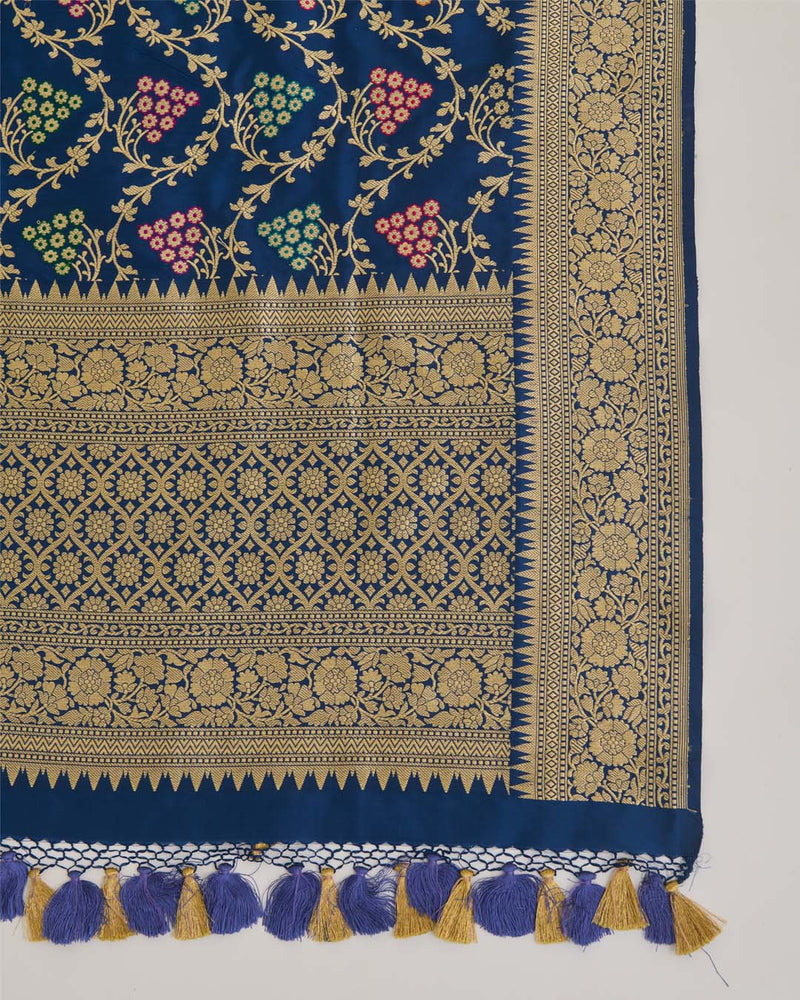 Navy Blue Pure Silk Handwoven Gold Mina Jaal Dupatta