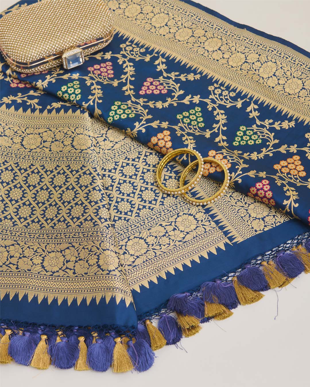Navy Blue Pure Silk Handwoven Gold Mina Jaal Dupatta