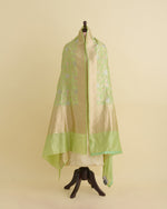 Pista Green Pure Silk Hand Woven Gold Silver Jaal Dupatta
