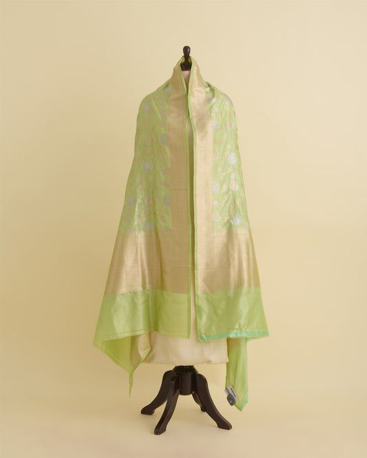 Pista Green Pure Silk Hand Woven Gold Silver Jaal Dupatta