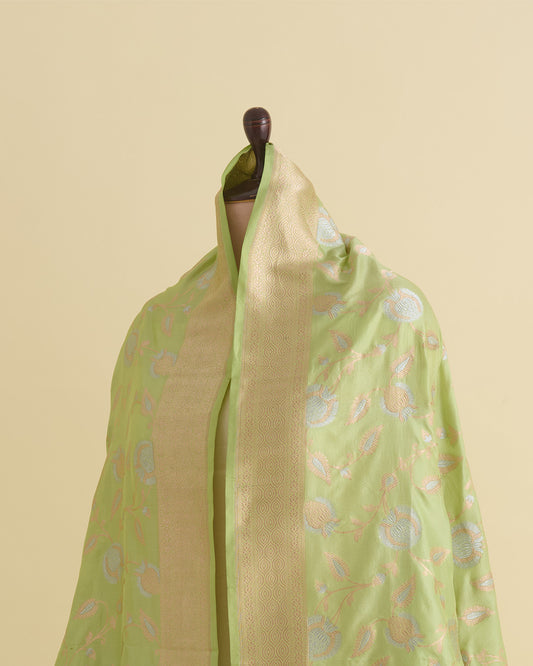 Pista Green Pure Silk Hand Woven Gold Silver Jaal Dupatta