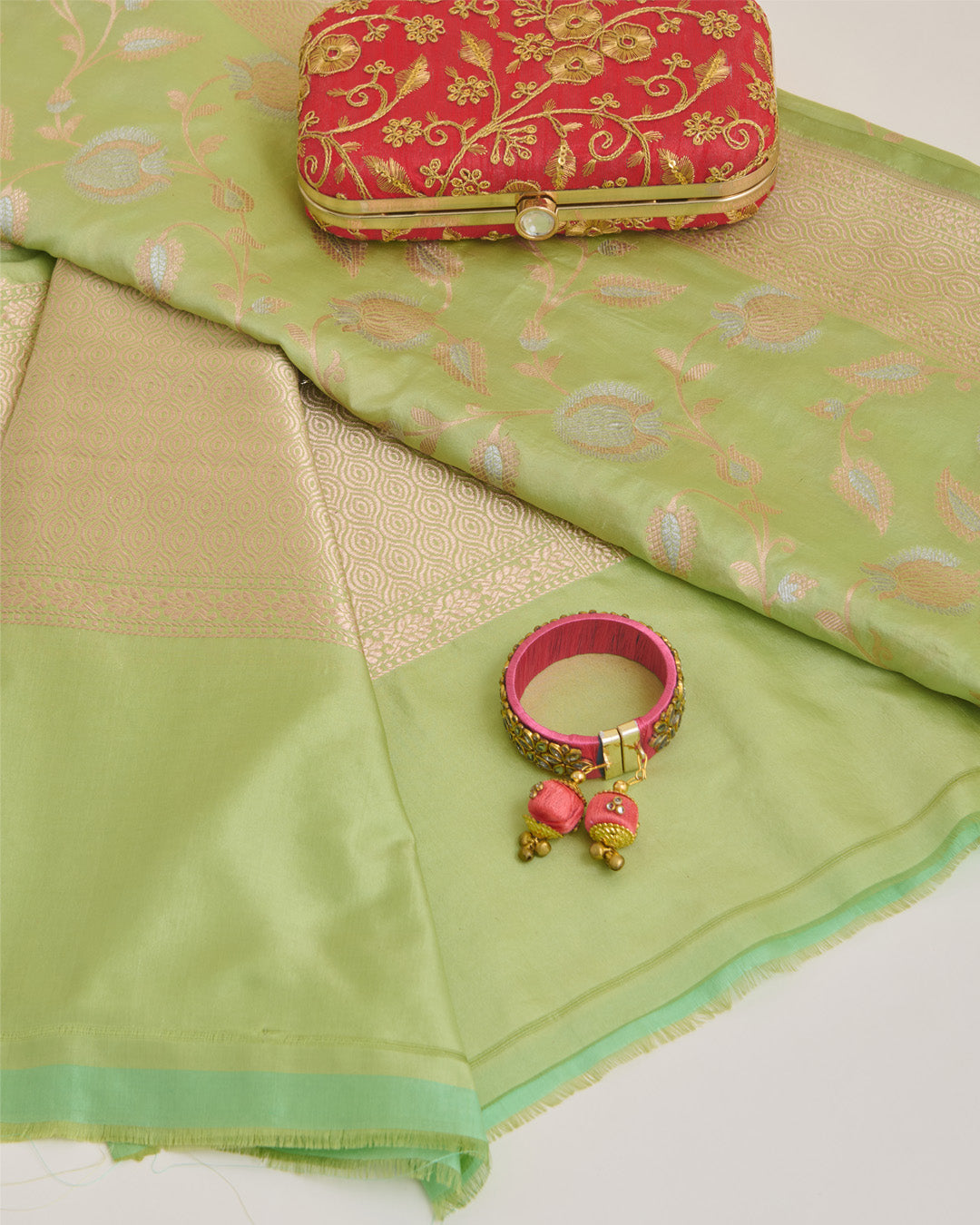 Pista Green Pure Silk Hand Woven Gold Silver Jaal Dupatta