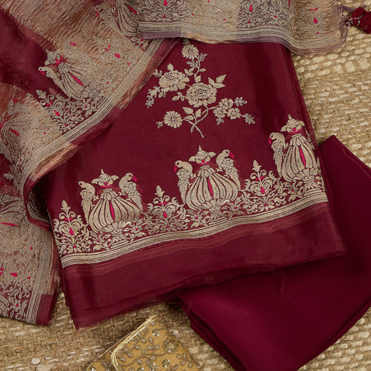 Burgundy Silk Organza Kurta Set with Zari Embroidery