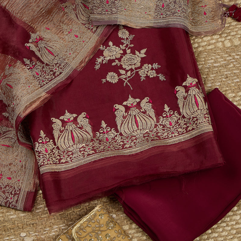 Burgundy Silk Organza Kurta Set with Zari Embroidery