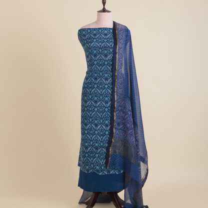 Blue Pure Crepe Printed Suit with Georgette Border Dupatta