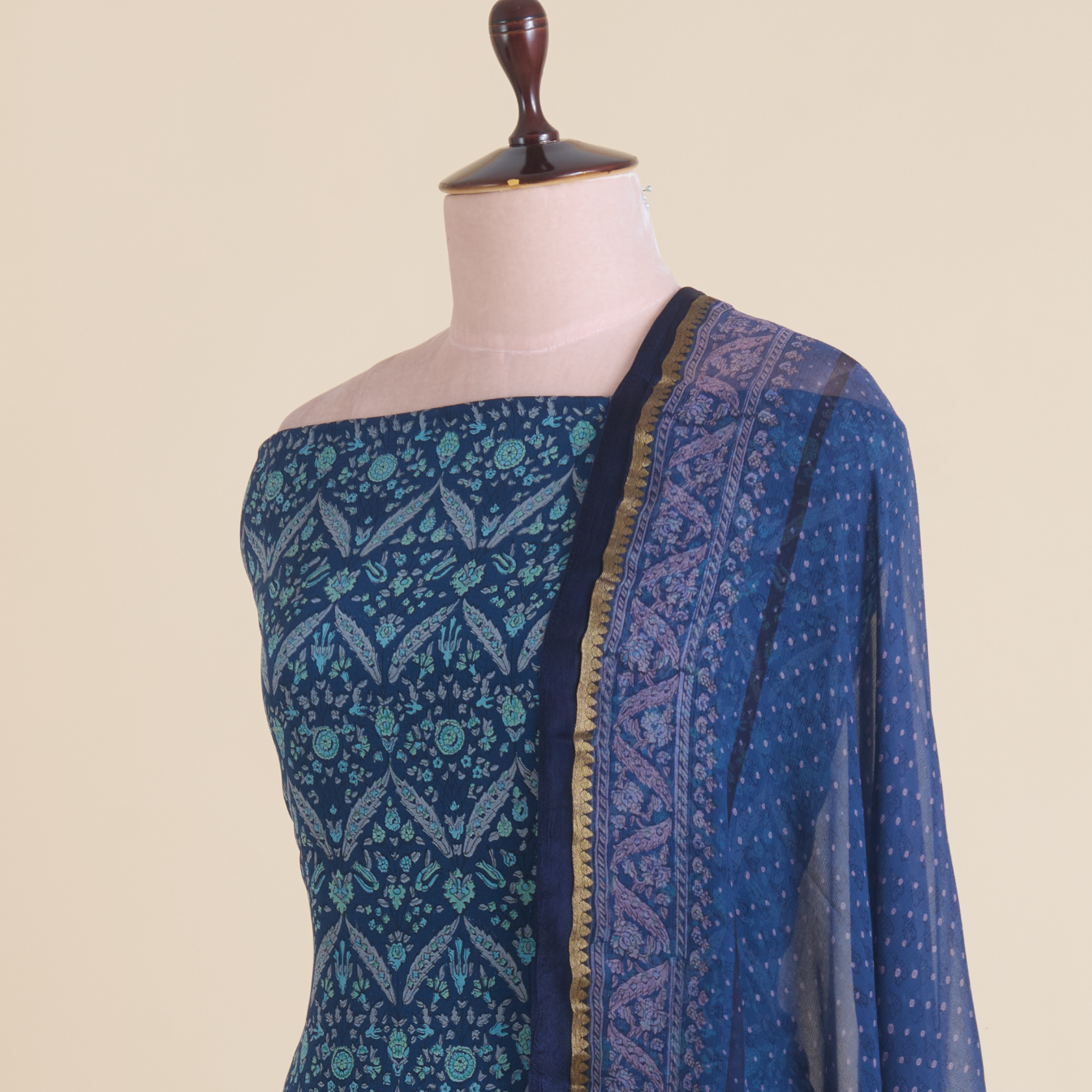 Blue Pure Crepe Printed Suit with Georgette Border Dupatta