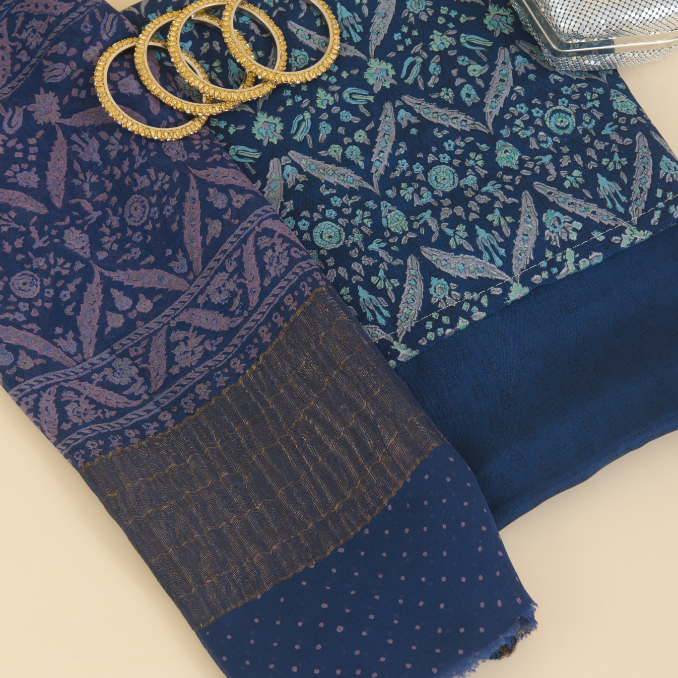 Blue Pure Crepe Printed Suit with Georgette Border Dupatta