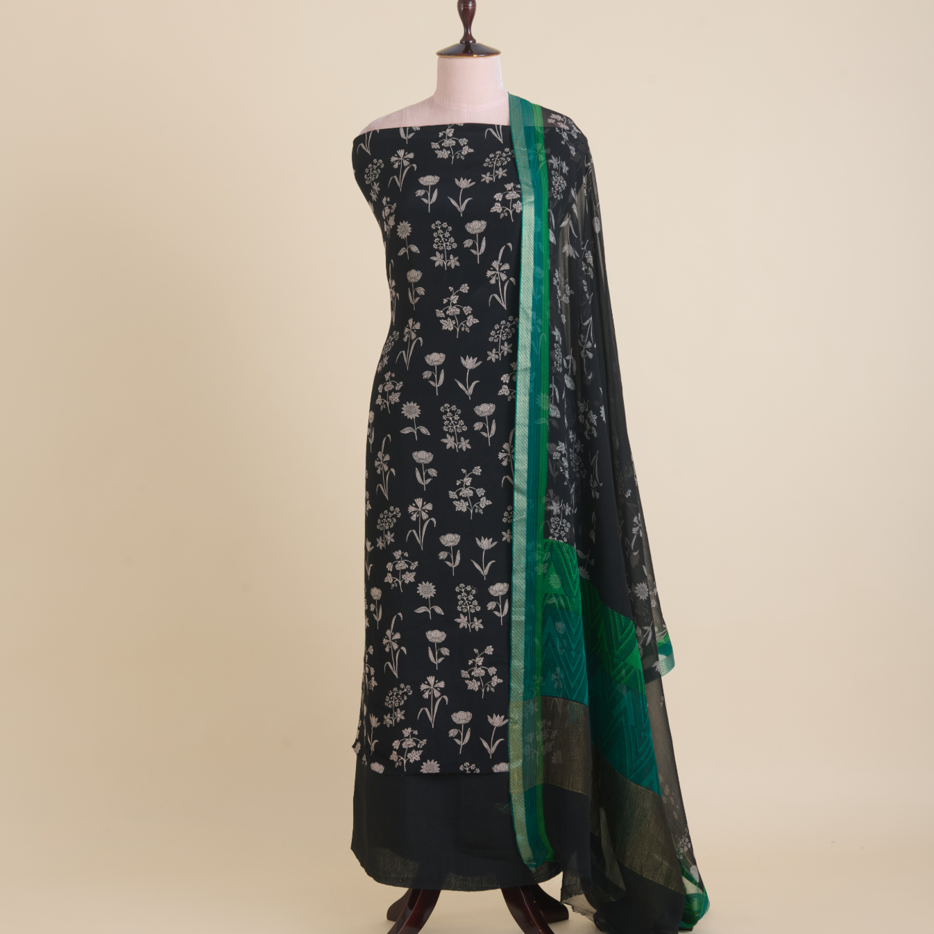 Black & Green Pure Crepe Printed Suit with Georgette Dupatta